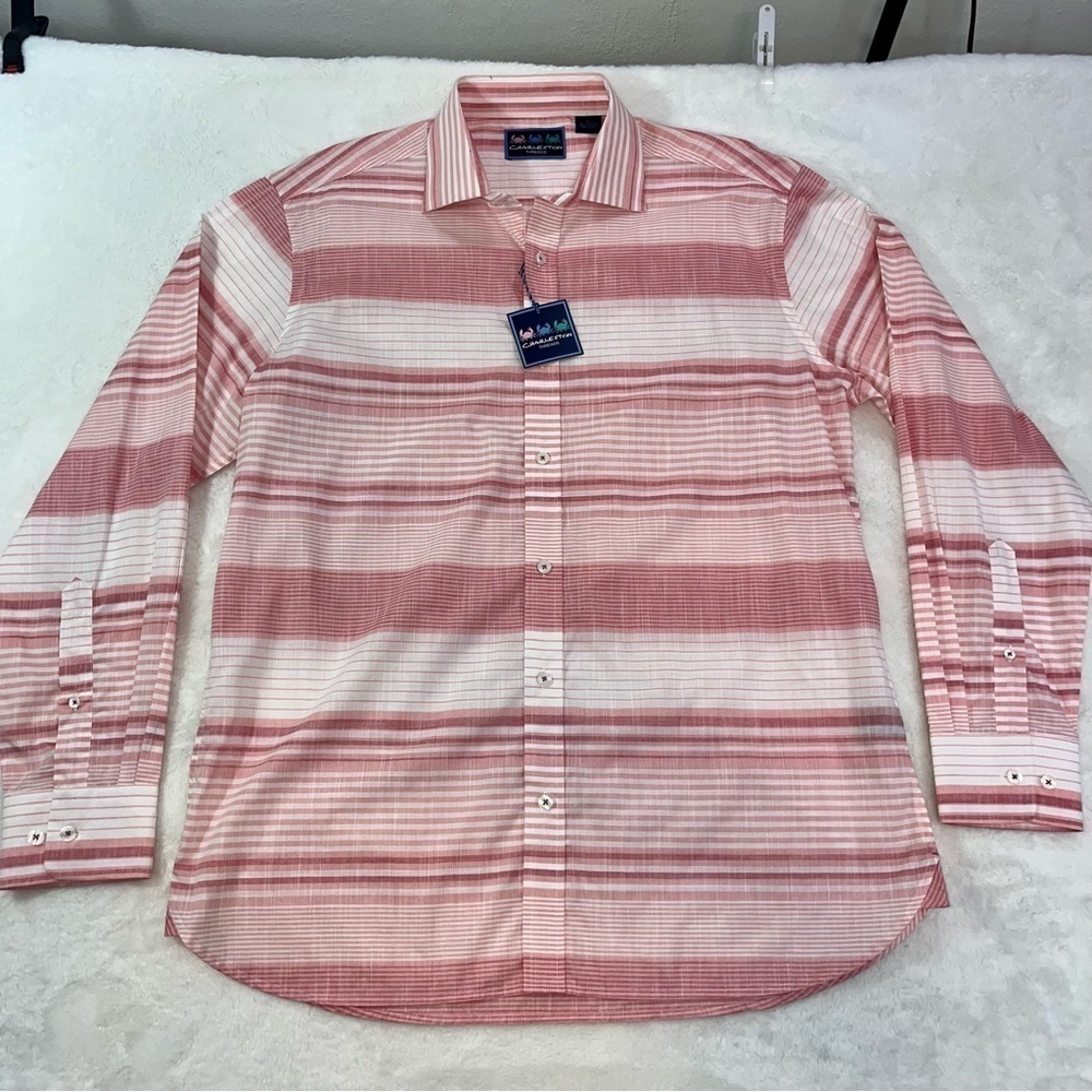 Charleston Threads Cotton Dress Shirt Mens Sz LG Pink White‎ Striped L/S Preppy - Picture 3 of 9